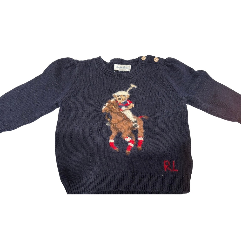 Vintage Ralph Lauren Equestrian Polo Bear Baby Intarsia Wool Blend Sweater Navy - Picture 2 of 7